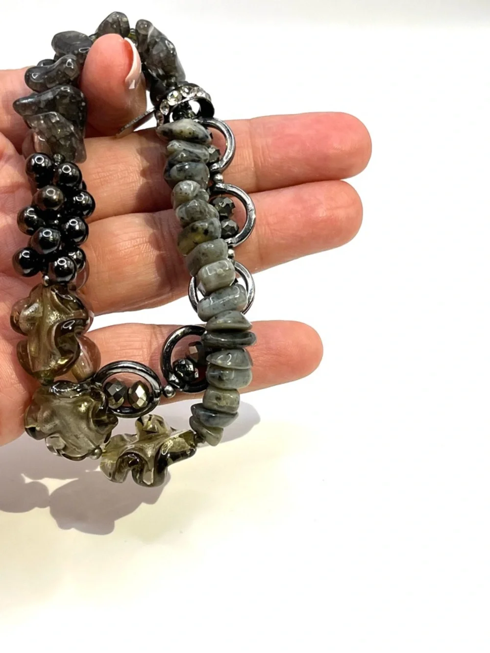 Treska Gray Beaded Silver Stretch Double Bracelet Set Gray Gun Metal Bracelets